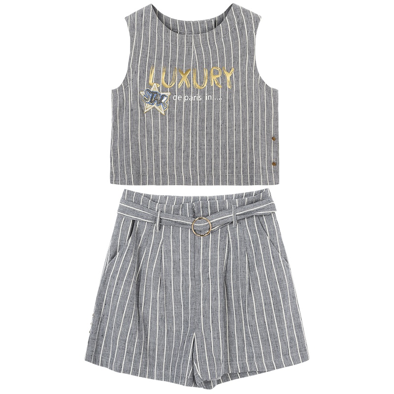 马克华菲女装黑白条纹马甲女两件短裤套装2019夏无袖短款外套背心