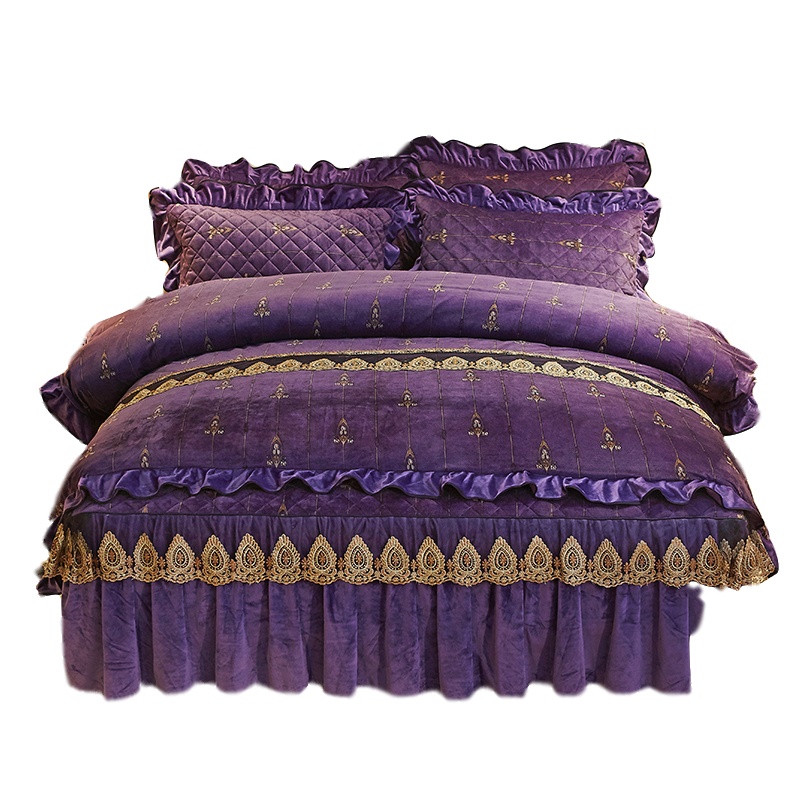 唛乐斯Mallas加厚水晶绒保暖床裙四件套 浮雕水晶绒浪漫绣花花边被套 抗静电绒毛面料床裙枕套床上用品