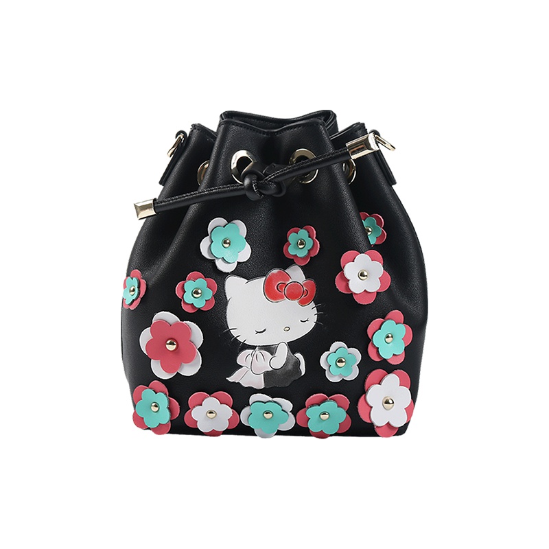 HELLO KITTY 凯蒂猫 花朵皮贴抽绳链条斜挎包 黑色