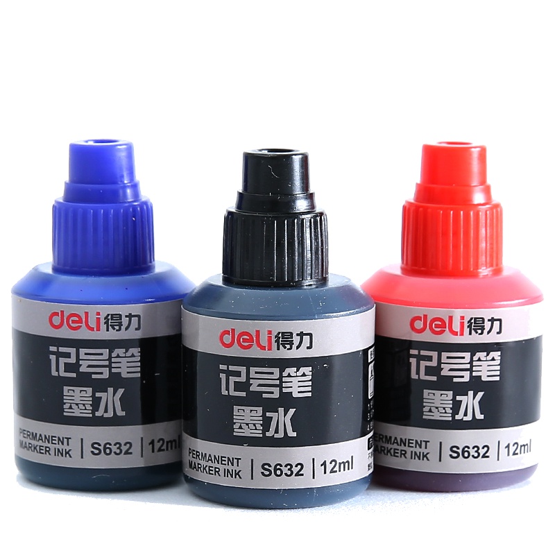 得力deliS632记号笔墨水批发 黑色蓝色红色油性小瓶装12ml不易掉色不可擦大头笔记号笔补充液办公用品填充液
