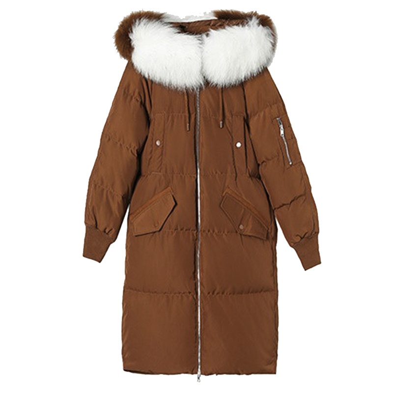 【专柜同款】连帽毛领羽绒服女士冬季韩版简约拉链百搭大衣过膝中长款外套30084130