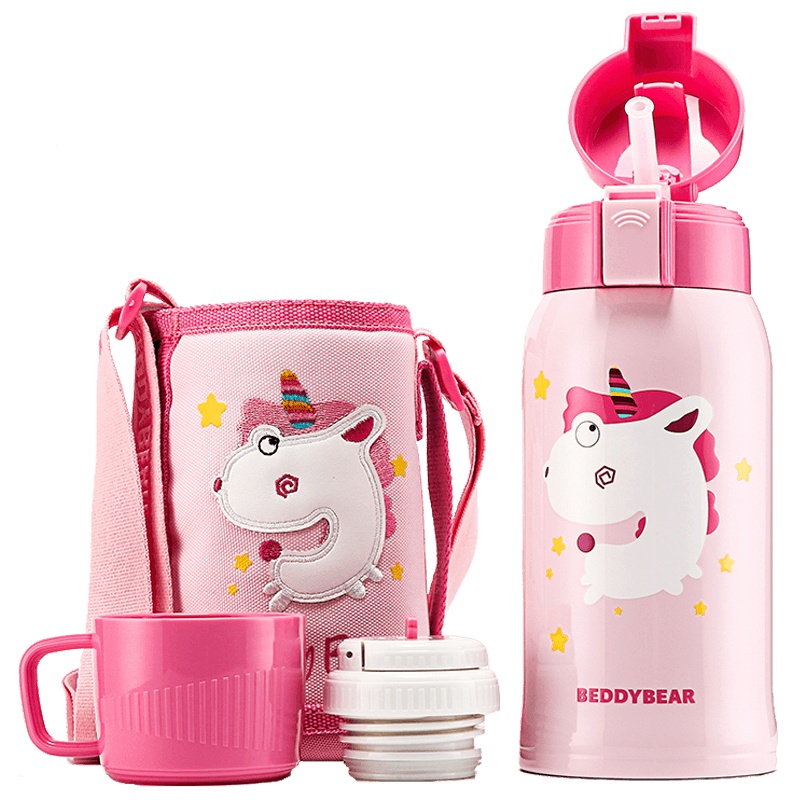 3D浮雕小飞象杯具熊BEDDYBEAR儿童保温杯带吸管儿童水杯316不锈钢宝宝儿童保温壶600ml粉色套