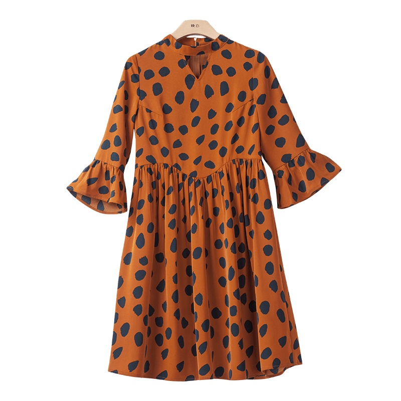 晚白2020秋季新品通勤印花V领喇叭袖修身A字雪纺裙连衣裙女