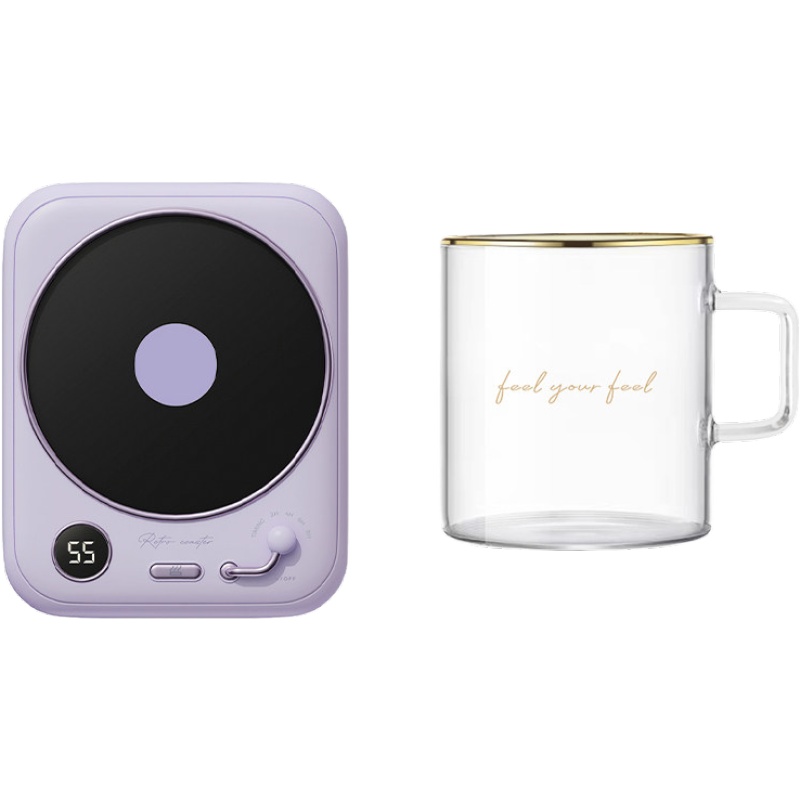 冇心liberfeel暖暖杯55度恒温杯垫加热水杯牛奶保暖家用自加热器USB保温碟保温垫-淡紫加热杯垫+配套玻璃杯