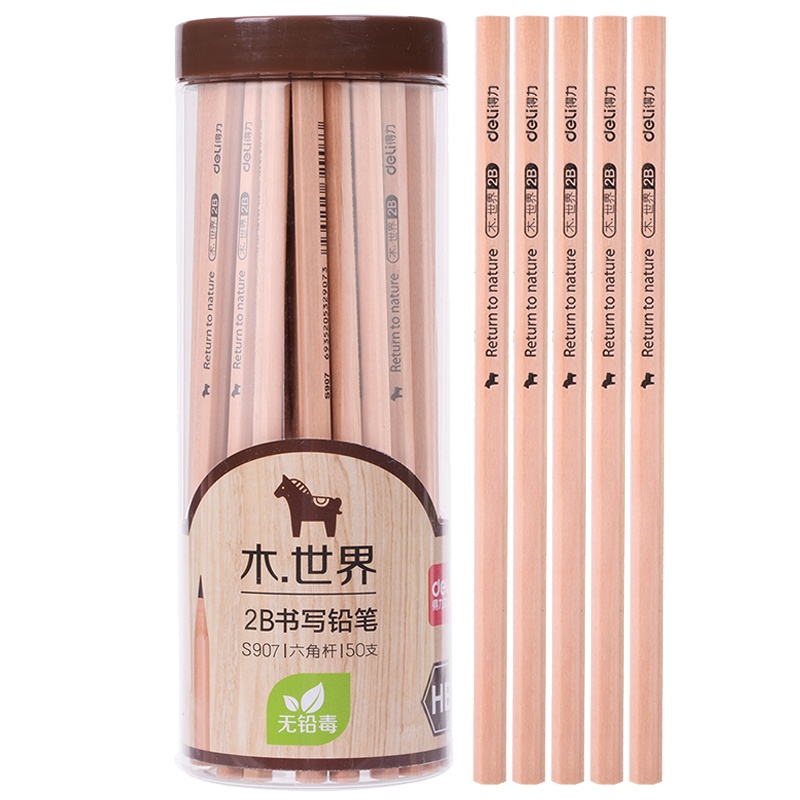 得力2b铅笔批发50支桶装儿童小学生安全铅笔考试常用原木铅笔素描铅笔儿童铅笔无毒幼儿园绘图写字S907