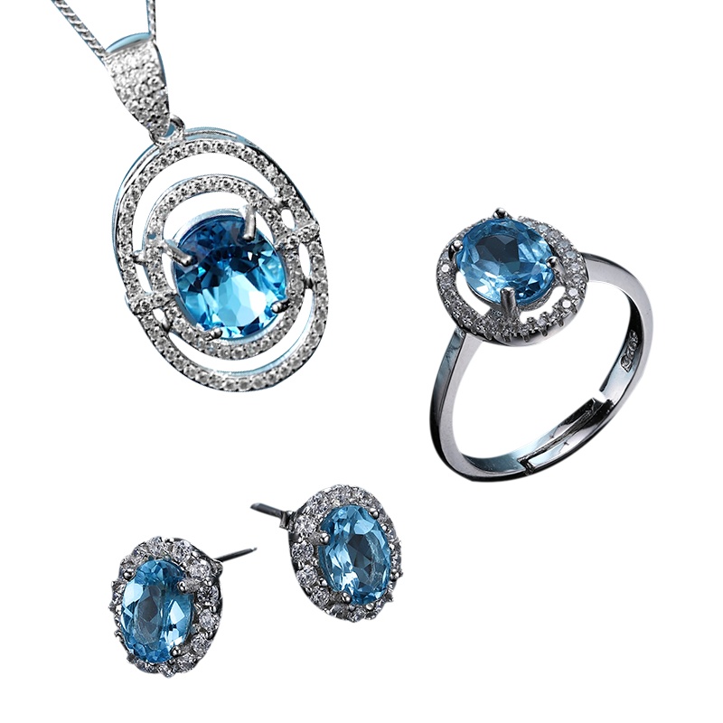 阖天下传家宝 托帕石纯银项链耳钉戒指三件套宝石饰品套装女银生日礼物送女友