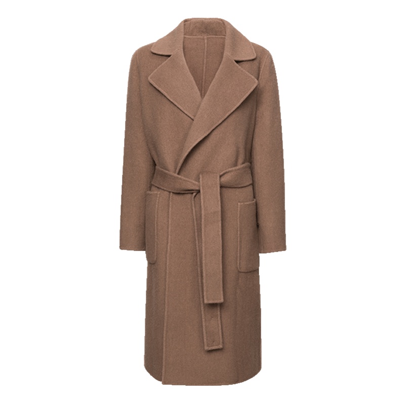 鄂尔多斯1980 通勤优雅大翻领系带收腰中长款女大衣外套