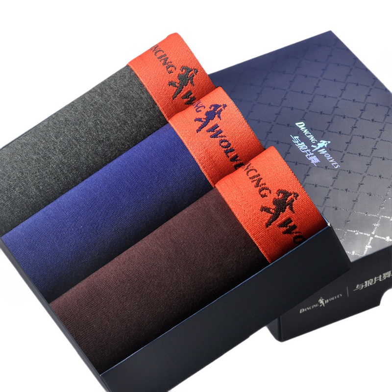 与狼共舞男士内裤 中腰休闲运动透气 棉质四角短裤 三条盒装