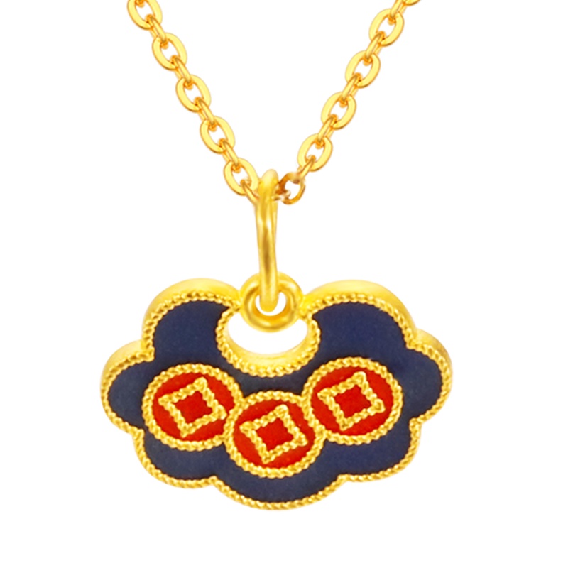 黄金码头足金999古法烧蓝铜钱串锁包吊坠子女爱人生日节日金坠子