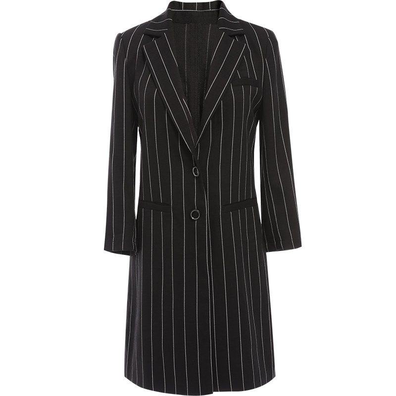 欧昵雪翻领条纹九分袖薄款西装外套女中长款西服上衣