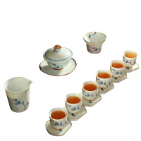瓷物语家用手绘青花6人套装时尚简洁现代小杯陶瓷功夫茶具(菊花款)
