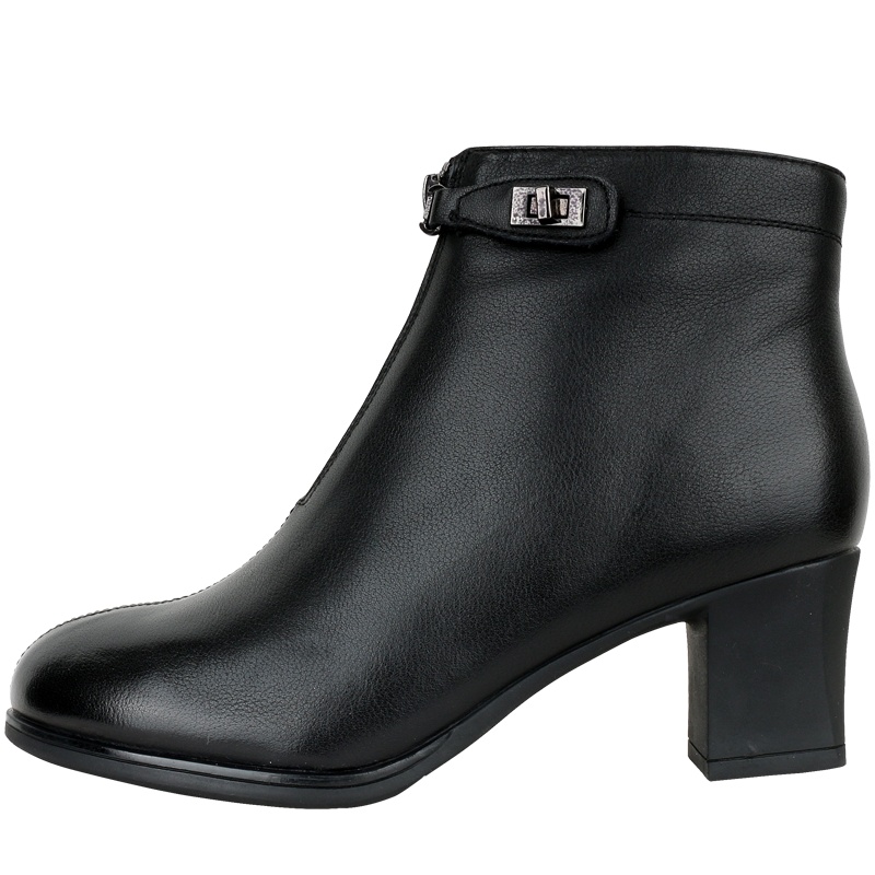 名人传 2020冬季新款粗跟女靴尖头真皮绒毛侧拉链女靴短靴头层牛皮女靴