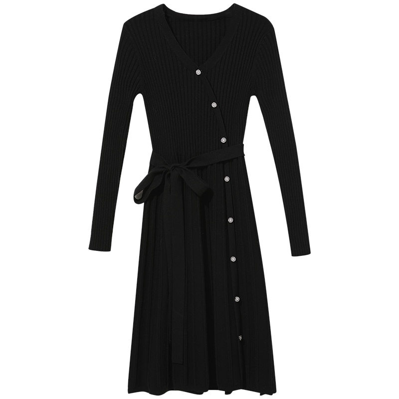 三彩2020冬季新款V领单排扣条纹针织长袖连衣裙伞裙毛衫裙女