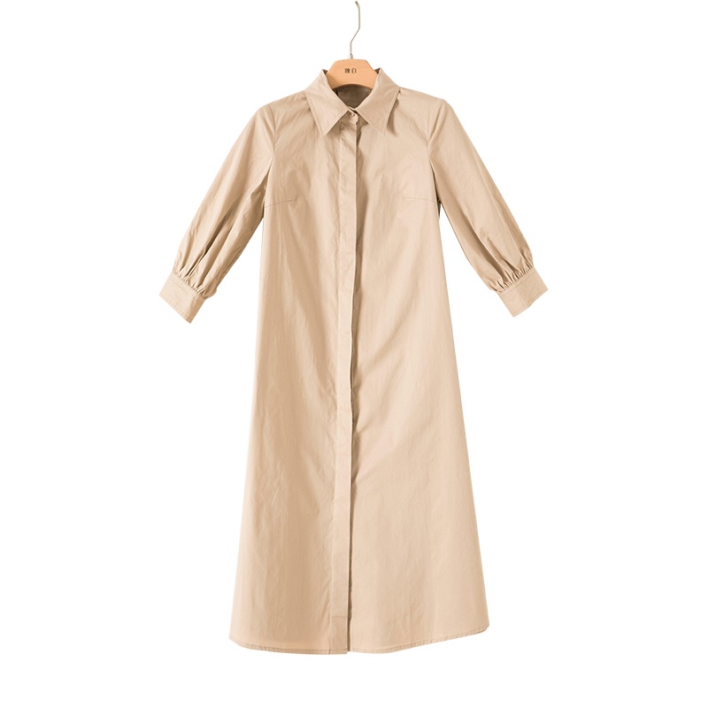 晚白2021春季新品时尚纯色娃娃领修身高腰衬衫裙百搭职业连衣裙女