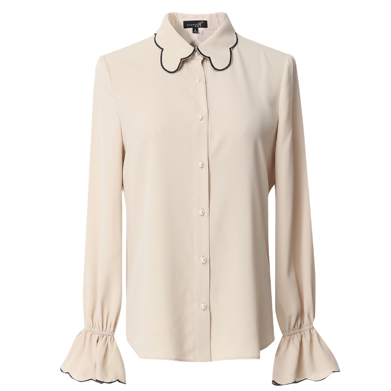 欧昵雪秋装翻领不规则花边衬衫女喇叭袖荷叶边长袖衬衣女