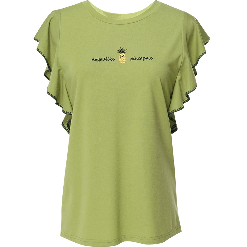 欧昵雪夏季圆领绣花字母菠萝T恤女荷叶边短袖显瘦上衣