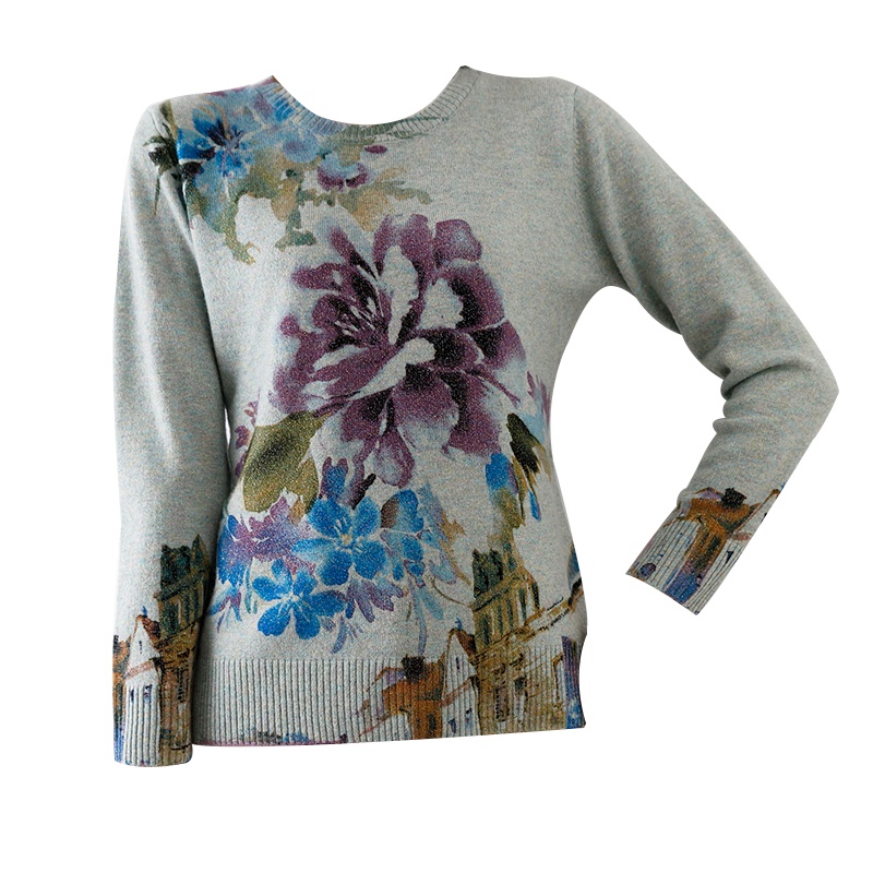 圣妮曼印花羊毛衫女秋冬新款羊毛圆领