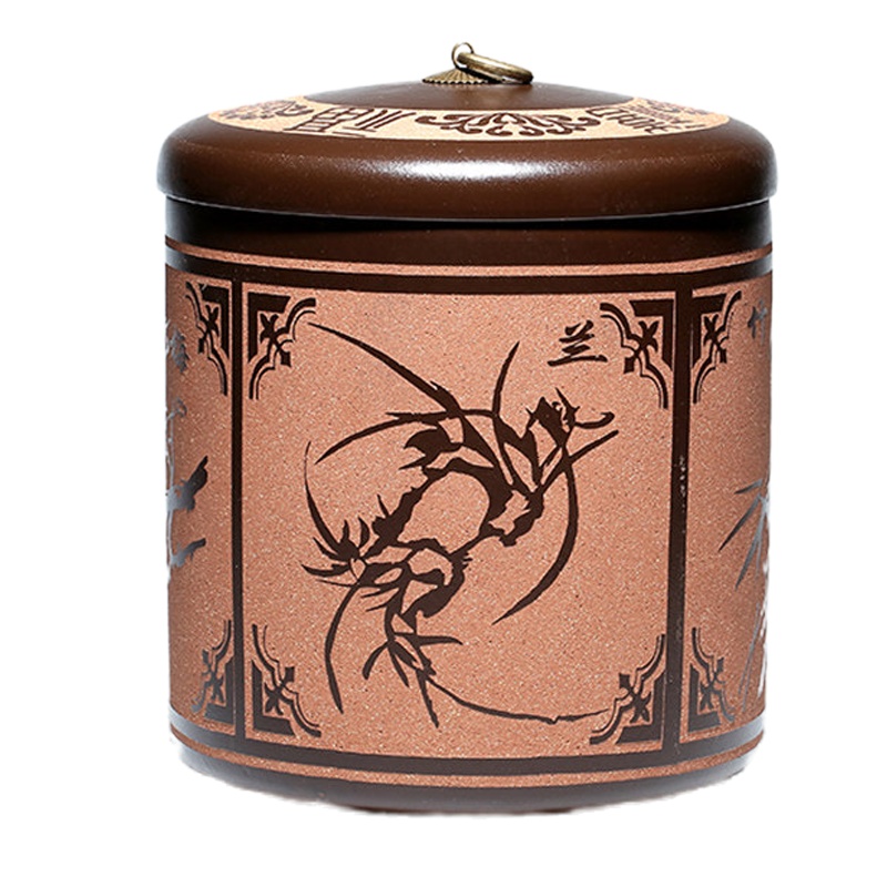 宜兴紫砂茶叶罐7-100饼普洱茶缸密封罐粗陶罐手工茶桶大号七子饼 七饼梅兰竹菊(铜扣)