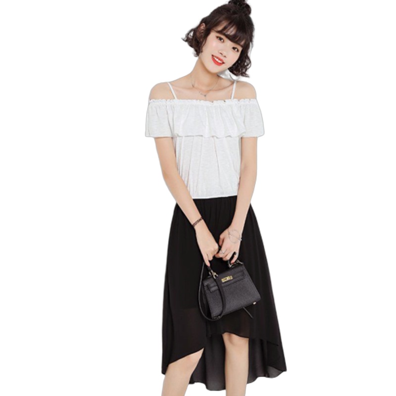 7M莫菲丽尔裙子女学生韩版夏季新款修身显瘦一字领吊带雪纺连衣裙70006090