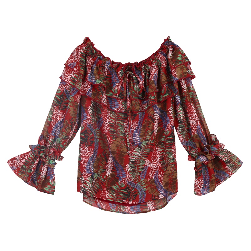 妖精的口袋Y甜美夏装花边领气质chic一字肩雪纺上衣女J_2