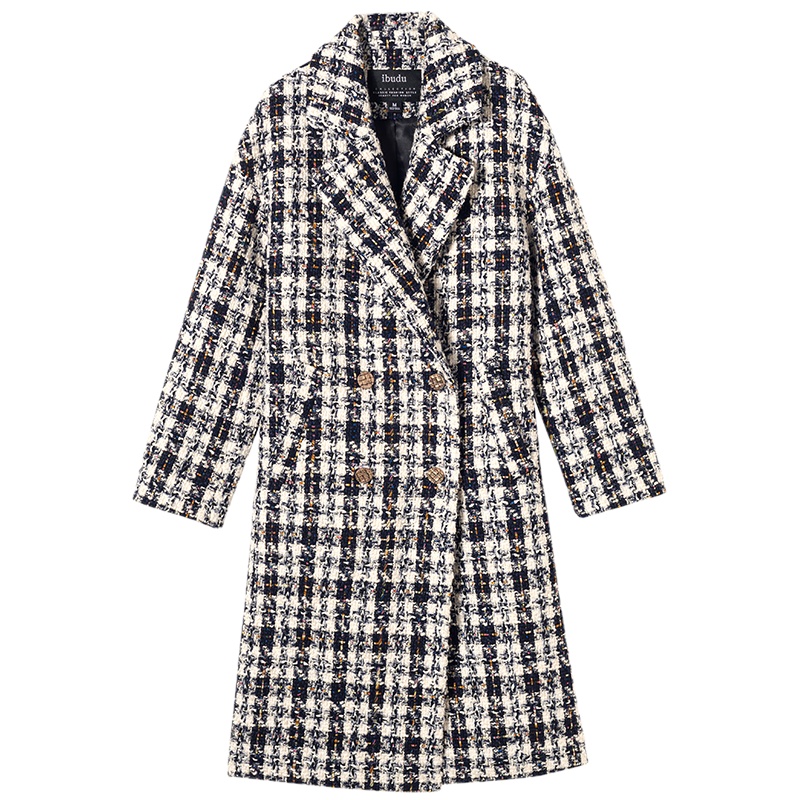 伊布都ibudu2019冬季新款粗花呢格纹毛呢外套长款呢大衣女