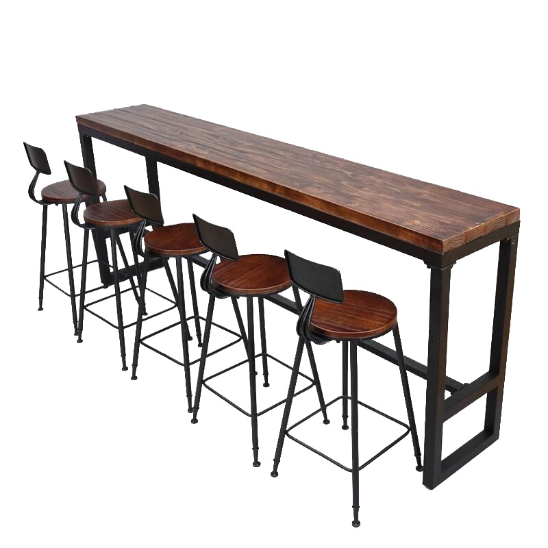 欧宝美复古铁艺实木吧台靠墙桌奶茶店咖啡厅组合餐桌休闲酒吧创意靠墙高脚桌280*40*105*支持定做(含椅5张)