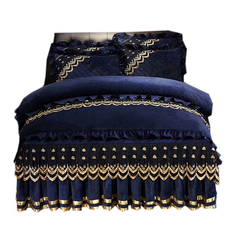 吉岳Giyou水晶绒夹棉床裙四件套 加厚保暖 刺绣花边