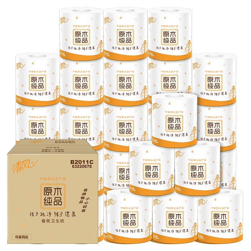 清风 卷纸 原木纯品系列 4层110克32卷(绒点压花)有芯卷纸 卫生纸 厕纸
