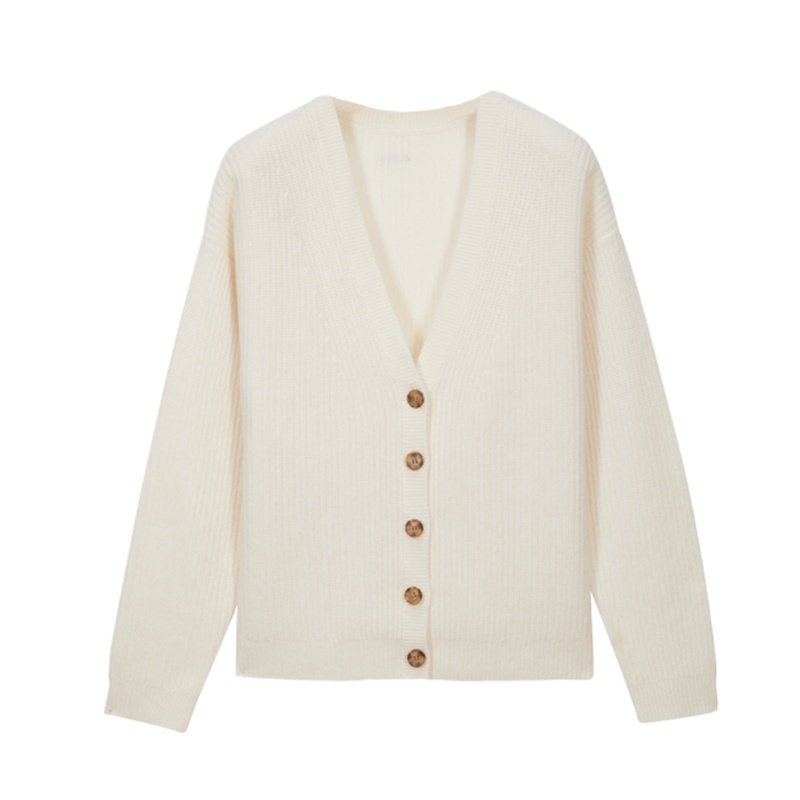 鄂尔多斯1980 V领坑条女士羊绒针织开衫宽松百搭