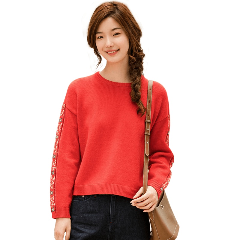 茵曼春装新款文艺甜美宽松提花落肩袖套头圆领毛衣女短款上衣