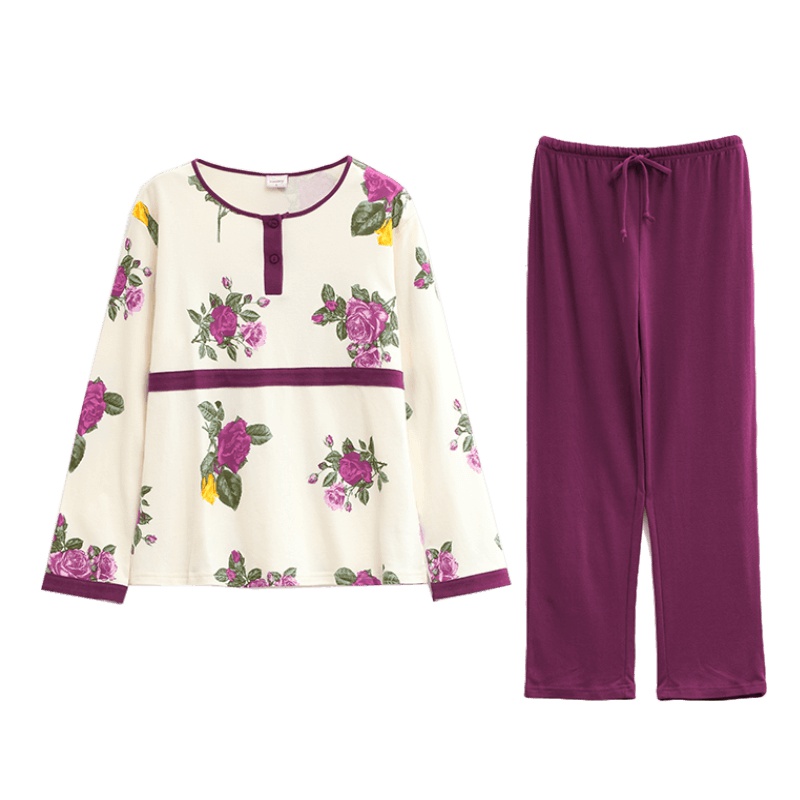 雪仙丽睡衣女秋季纯棉长袖长裤可外穿圆领休闲棉质家居服两件套装