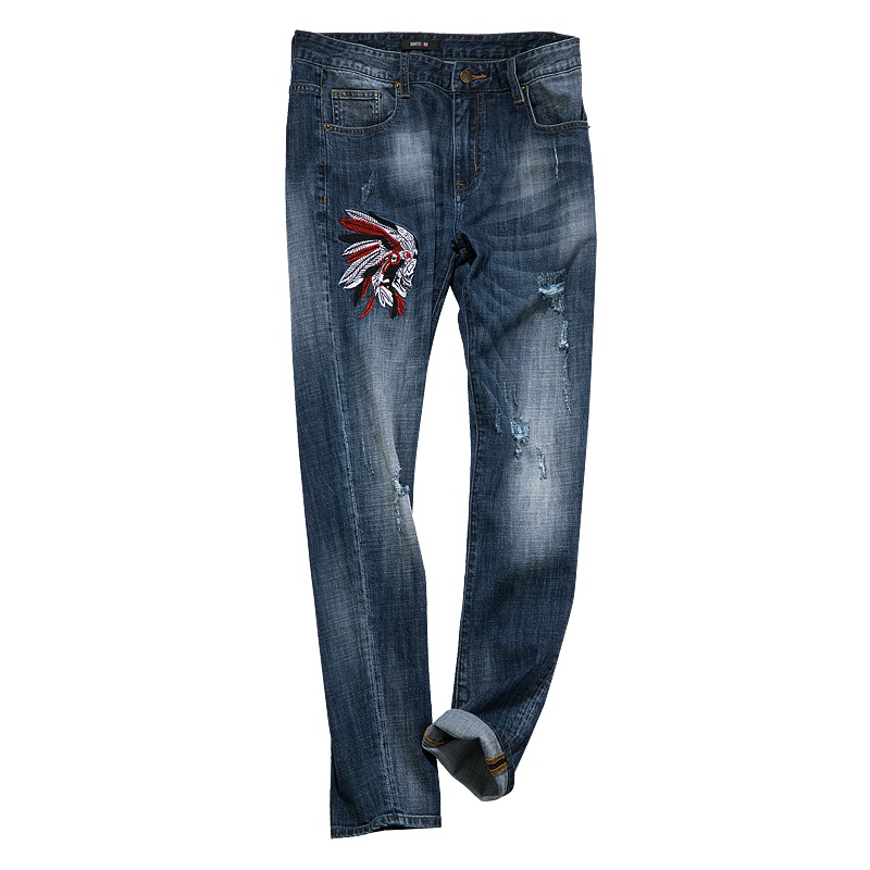 海德斯曼8019新款男士牛仔裤男直 破洞刺绣蓝色弹力牛仔裤8019