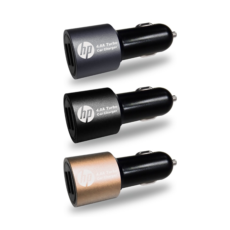 hp惠普车载充电器F1车用一拖二双USB点烟器快速充电4.8A智能手机车充(黑)