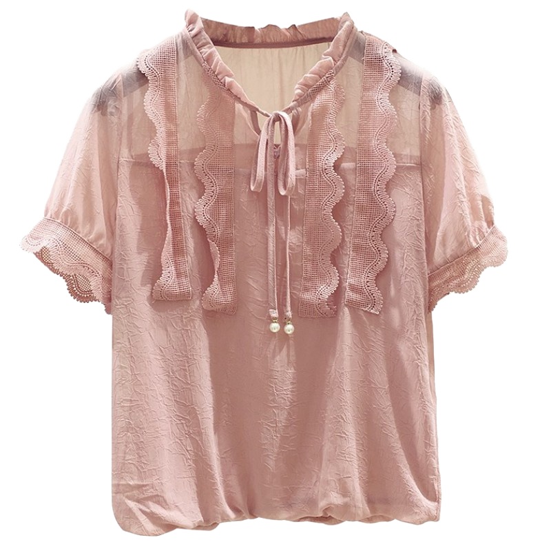 小样传奇  蕾丝拼接雪纺衫女2025夏季新款韩版宽松甜美洋气小衫遮肚子上衣潮衬衫