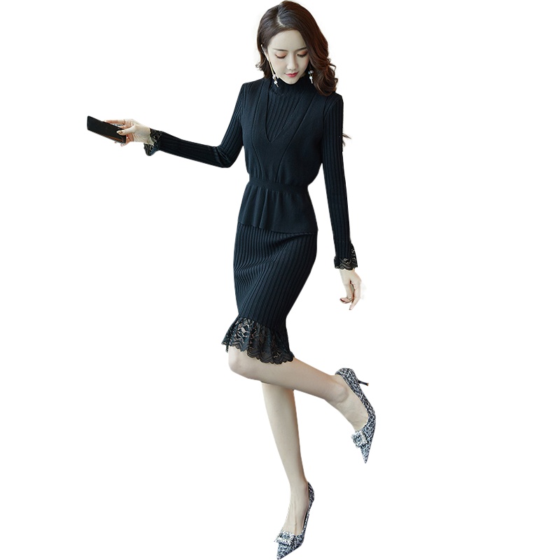丝柏舍2019秋女纯色针织连衣裙搭收腰马甲气质套装S93T4104N