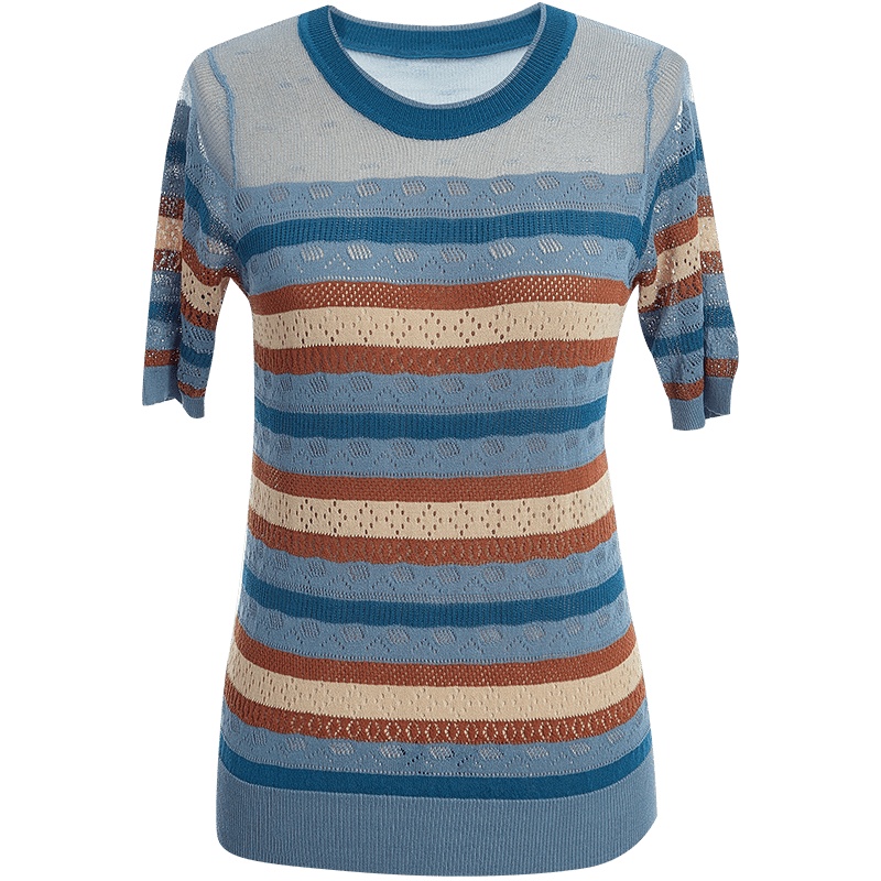 欧昵雪夏装短袖镂空上衣女套头薄款修身条纹短款针织衫