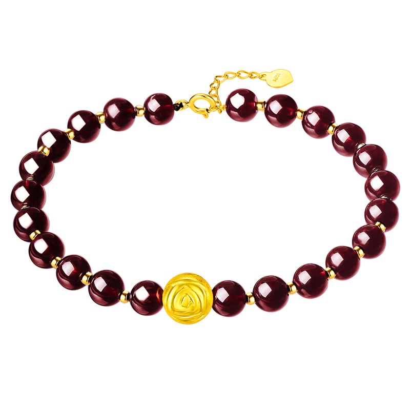 蒂蔻 玫瑰花黄金手链酒红石榴石款女士足金花爱心形18K金尾链时尚饰品