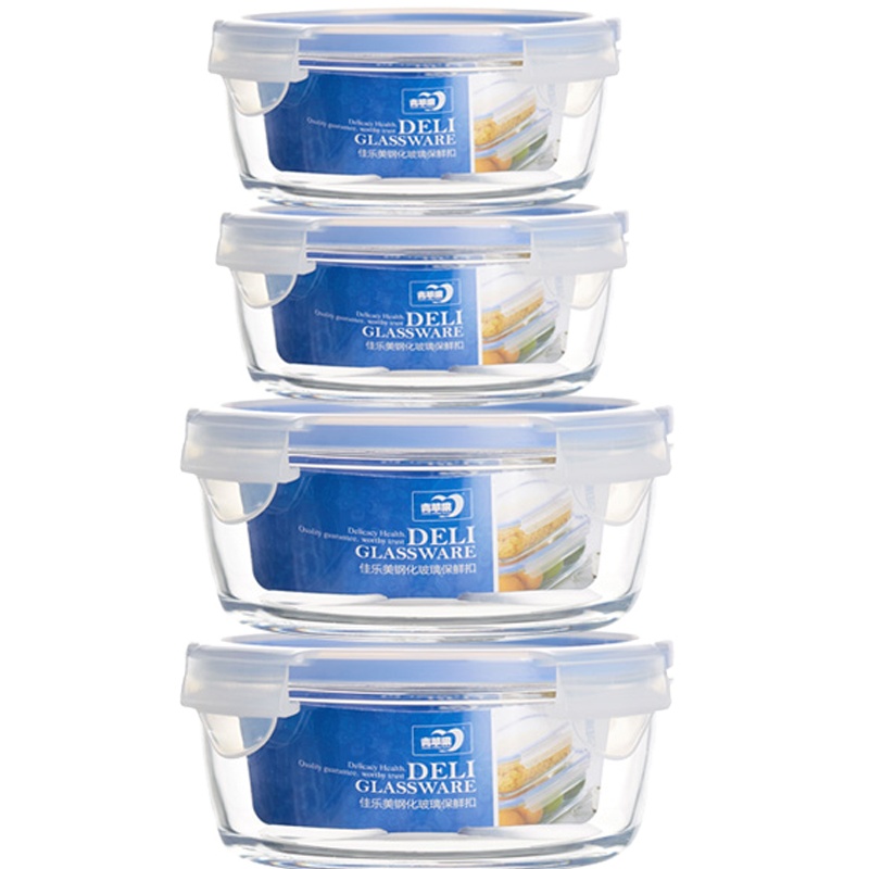 青苹果钢化玻璃保鲜盒圆形大容量耐热便当盒微波炉加热饭盒玻璃碗套装四件套EP02-4-6