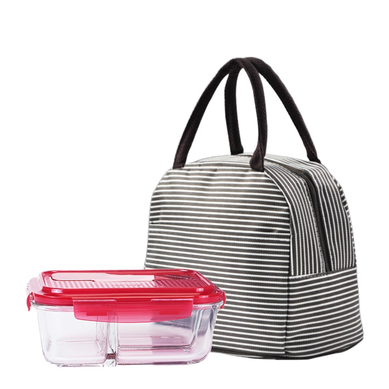 乐扣乐扣三分隔耐热玻璃保鲜盒微波炉饭盒便携便当包带叉勺LLG447CTLR赠咖啡色条纹保温带饭包1000ml