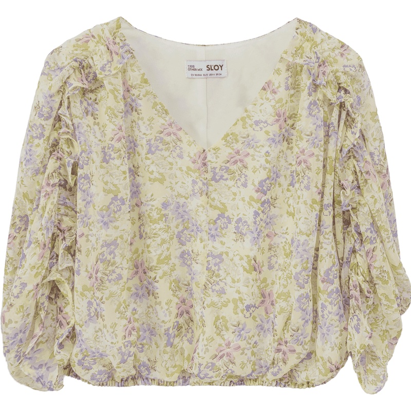 OtherMix木槿碎花雪纺衫2021年夏季新款泡泡袖木耳印花短款女上衣