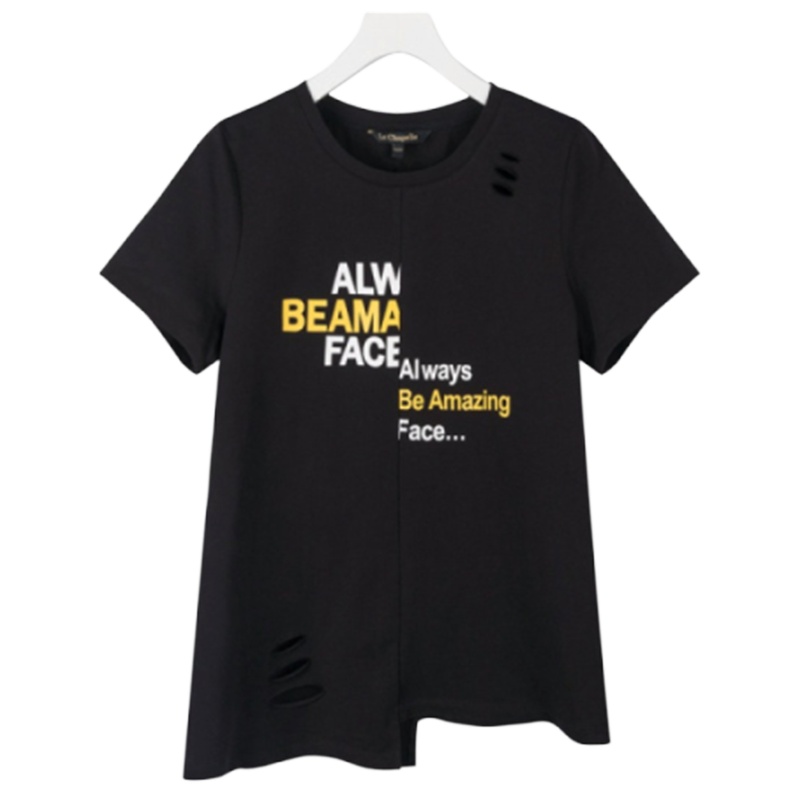 【专柜同款】短袖韩版破洞不规则字母印花T恤拼接打底上衣10016277