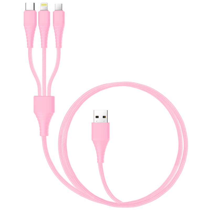 屁桃强拉力一拖三充电数据线 粉色