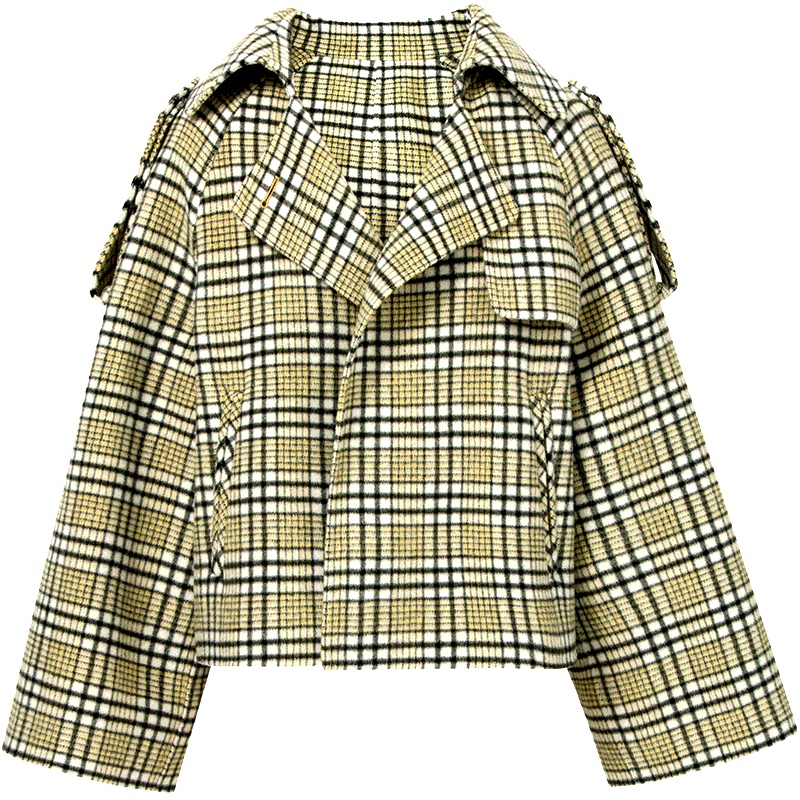 100%纯羊毛伊芙丽2018冬装新款毛呢外套格纹短款双面呢大衣女