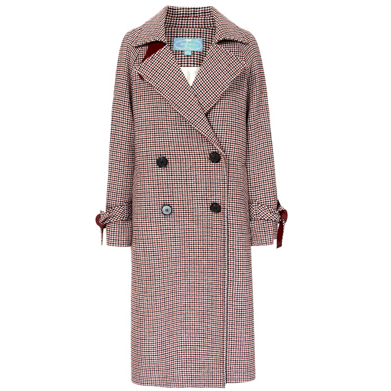 何穗同款伊芙丽冬装新款千鸟格毛呢外套长款格子羊毛呢大衣女