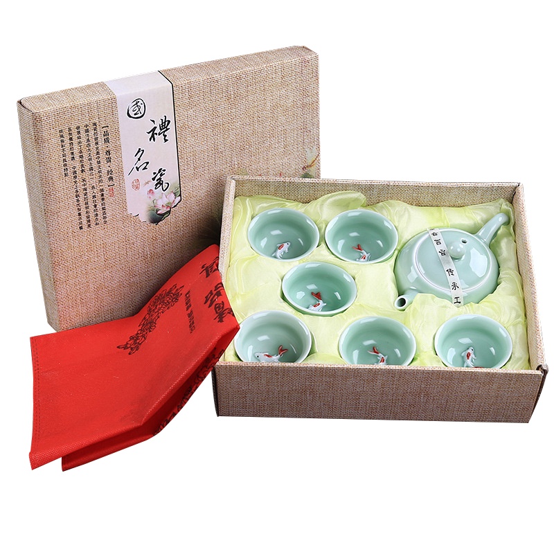 青瓷锦鲤鱼茶具七件套 XTL286 (一壶六杯)家居功夫茶具(套)