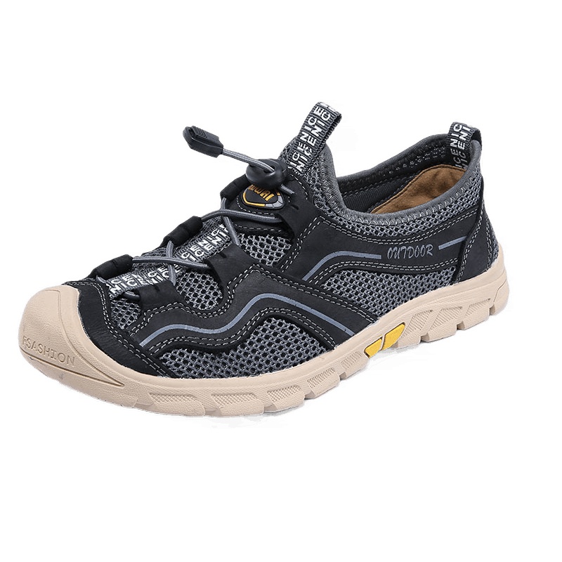 策乐(cele)夏季网鞋男透气男士休闲鞋头层牛皮户外男鞋松紧带低帮鞋男大码鞋HY-99217