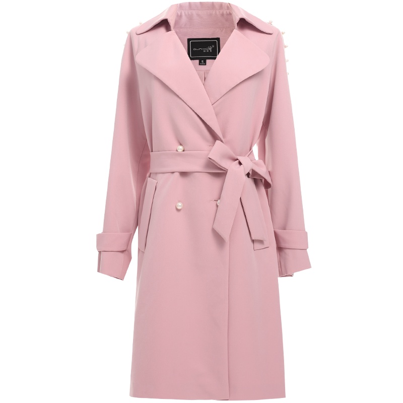 欧昵雪西装领显瘦收腰双排扣中长款风衣外套女长袖