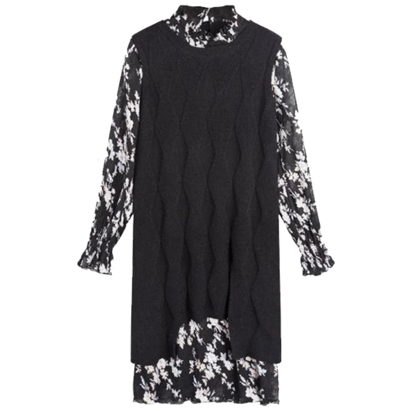 【热卖】碎花雪纺连衣裙两件套女2019春秋新款韩版半高领针织背心裙套装夏20011587