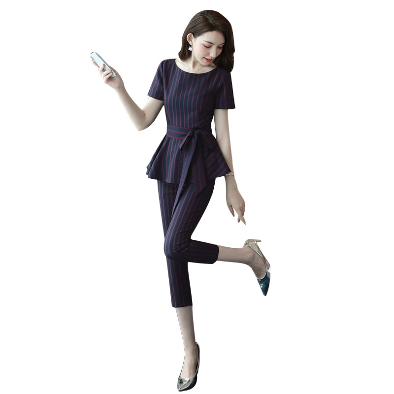 丝柏舍2020夏季女装条纹套装荷叶边下摆收腰七分裤S92B2380N