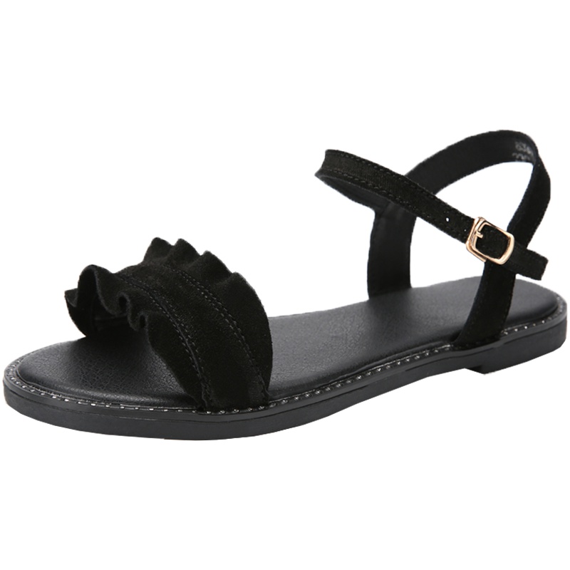 狄恩纪2019夏季新款荷叶边凉鞋女夏平底仙女鞋露趾一字式扣带女鞋